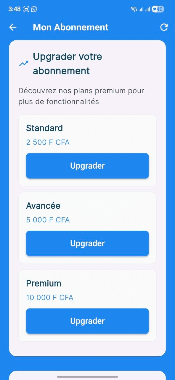 Capture d'écran: Options de mise à niveau
