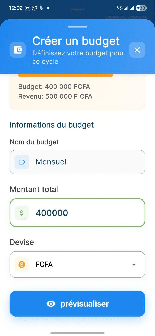 Capture d'écran: Formulaire de création de budget