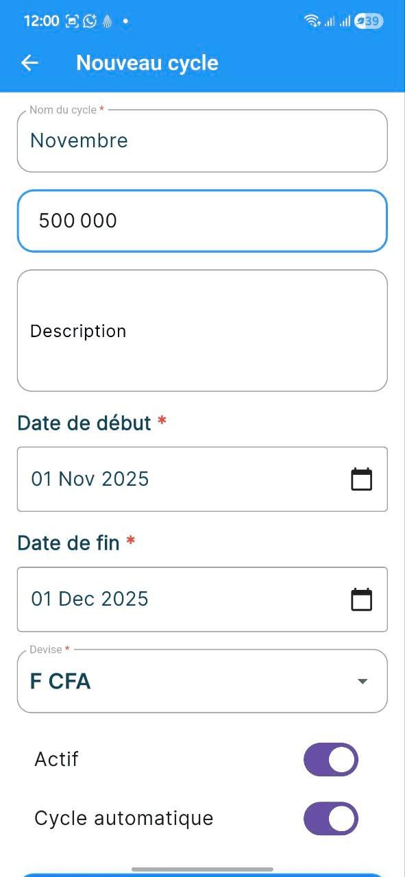 Capture d'écran: Création d'un cycle budgétaire