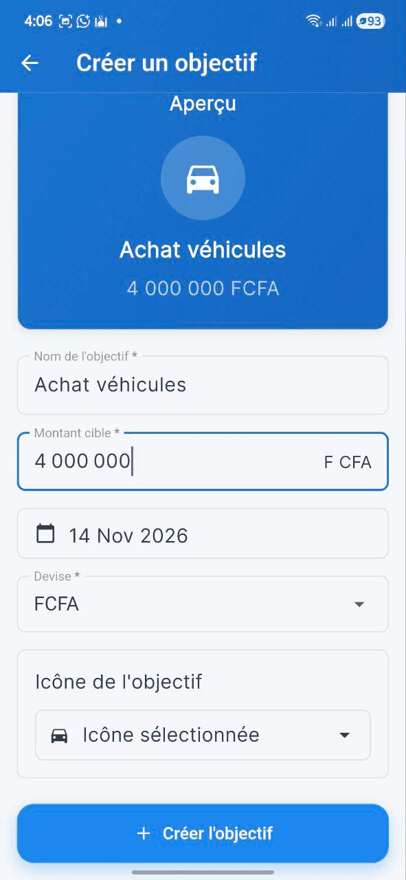 Capture d'écran: Création d'objectif d'épargne