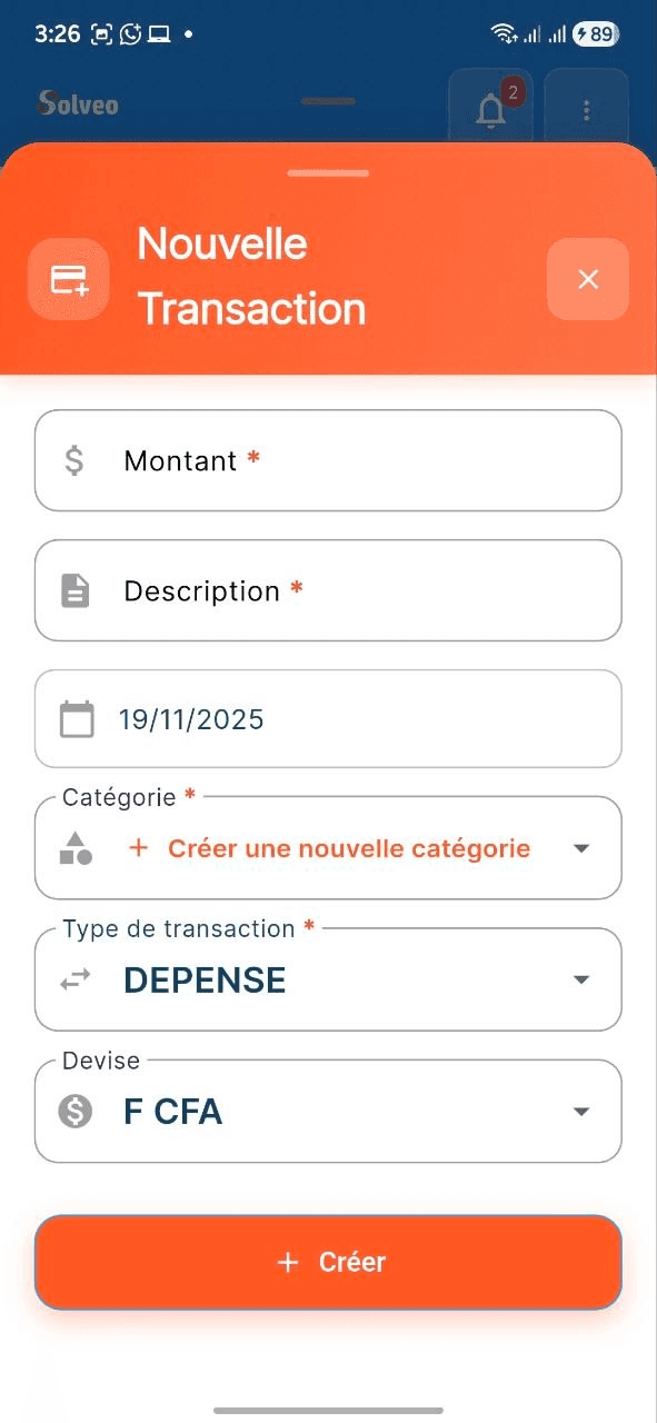 Capture d'écran: Formulaire d'ajout de transaction