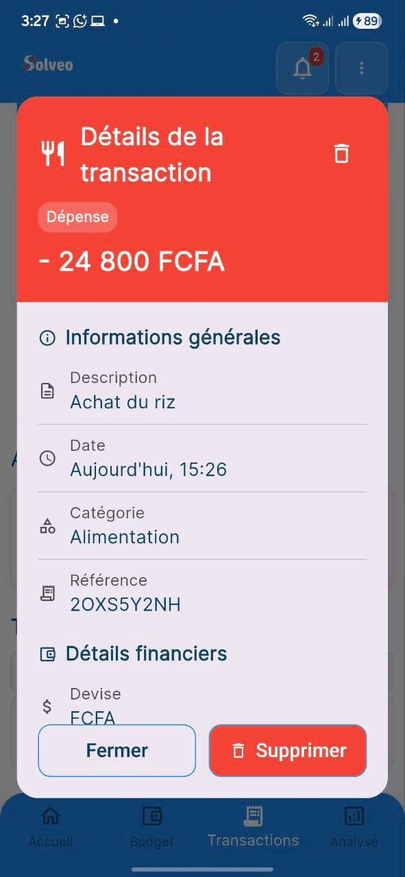 Capture d'écran: Détails d'une transaction
