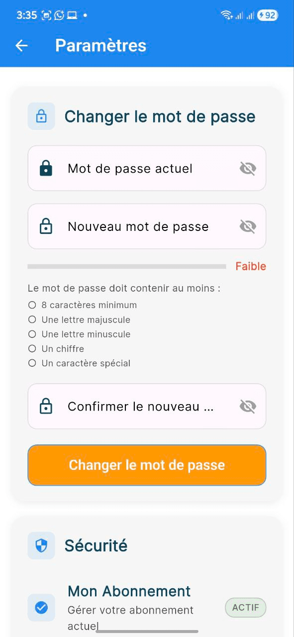 Capture d'écran: Changement de mot de passe