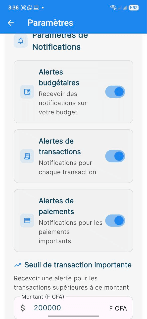 Capture d'écran: Paramètres de notifications