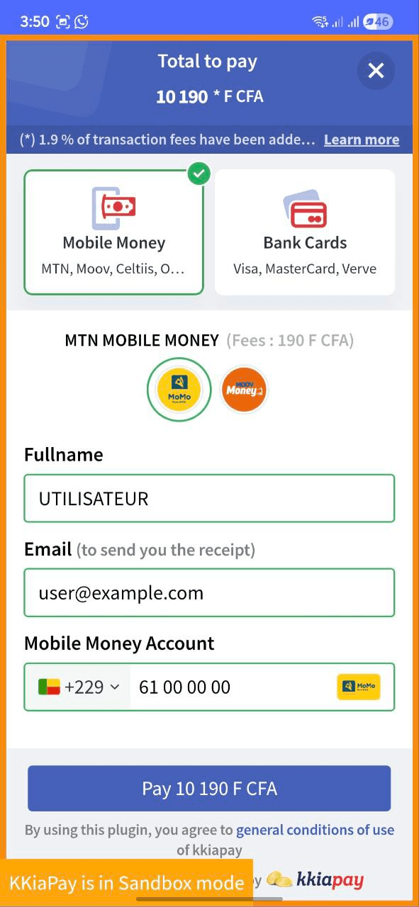 Capture d'écran: Processus de paiement Mobile Money